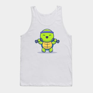 Cute Turtle Lifting Dumbbells Cartoon Illustration Tank Top